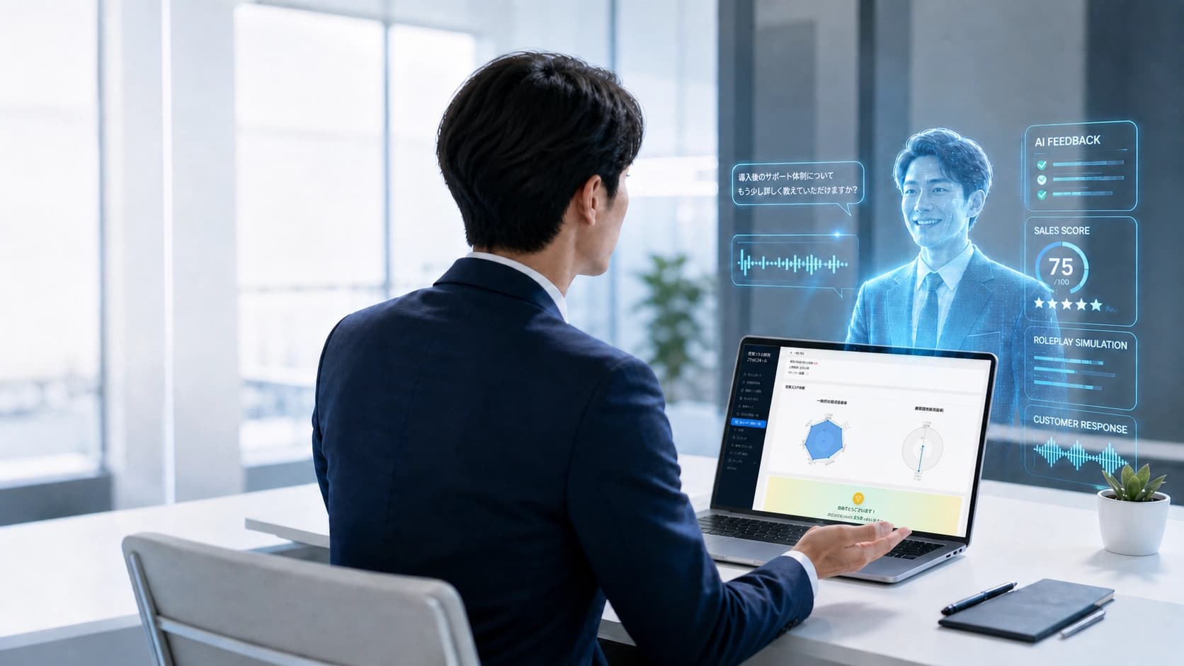 商談シミュレーターを操作する営業担当者と、AIが生成した顧客役のホログラム、AIフィードバック・商談スコア（75点）のダッシュボード